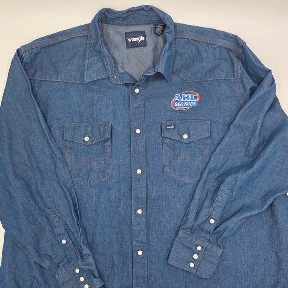 Wrangler Other - Wrangler Mens Blue Denim Western Snap Shirt 3XL Big ARC Services Logo Workwear